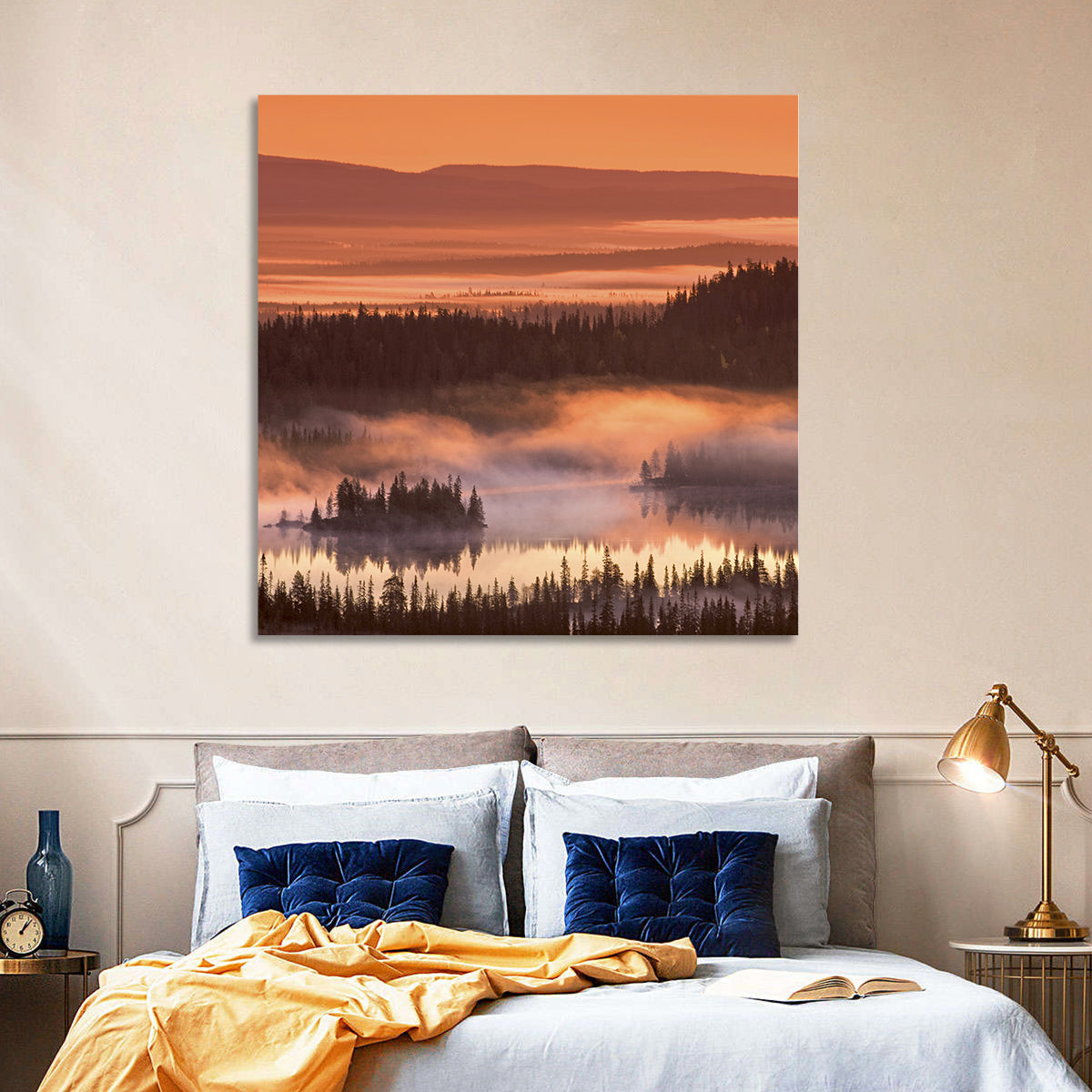 Lapland Sunrise Over Misty Lake Wall Art in a room, square