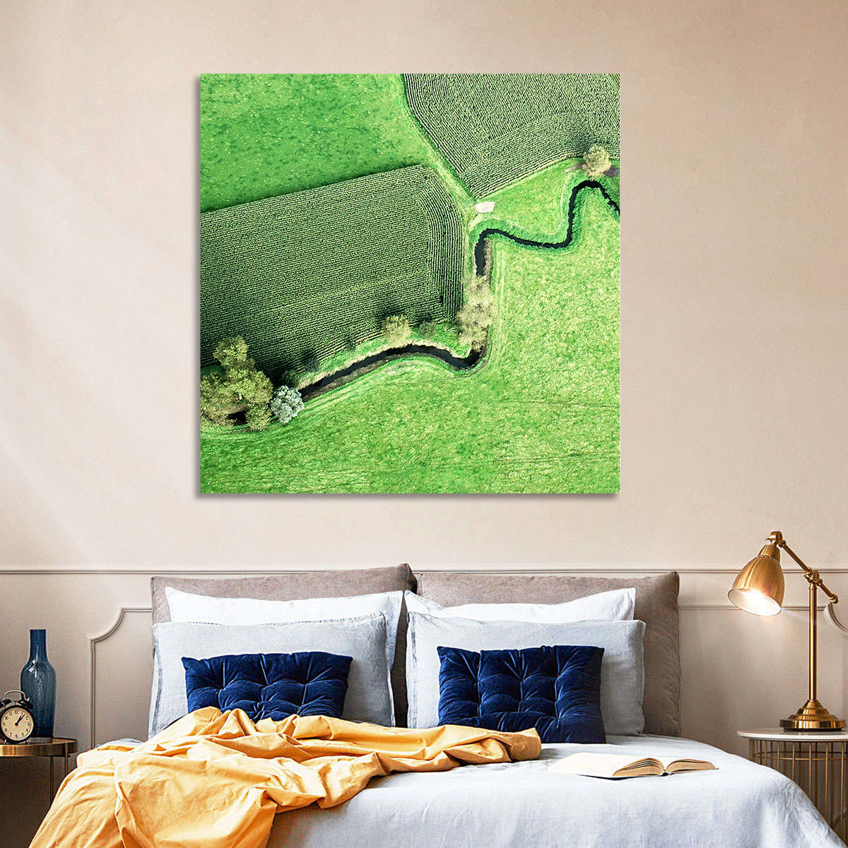 Meandering Stream Over Farmland Wall Art in a room, square