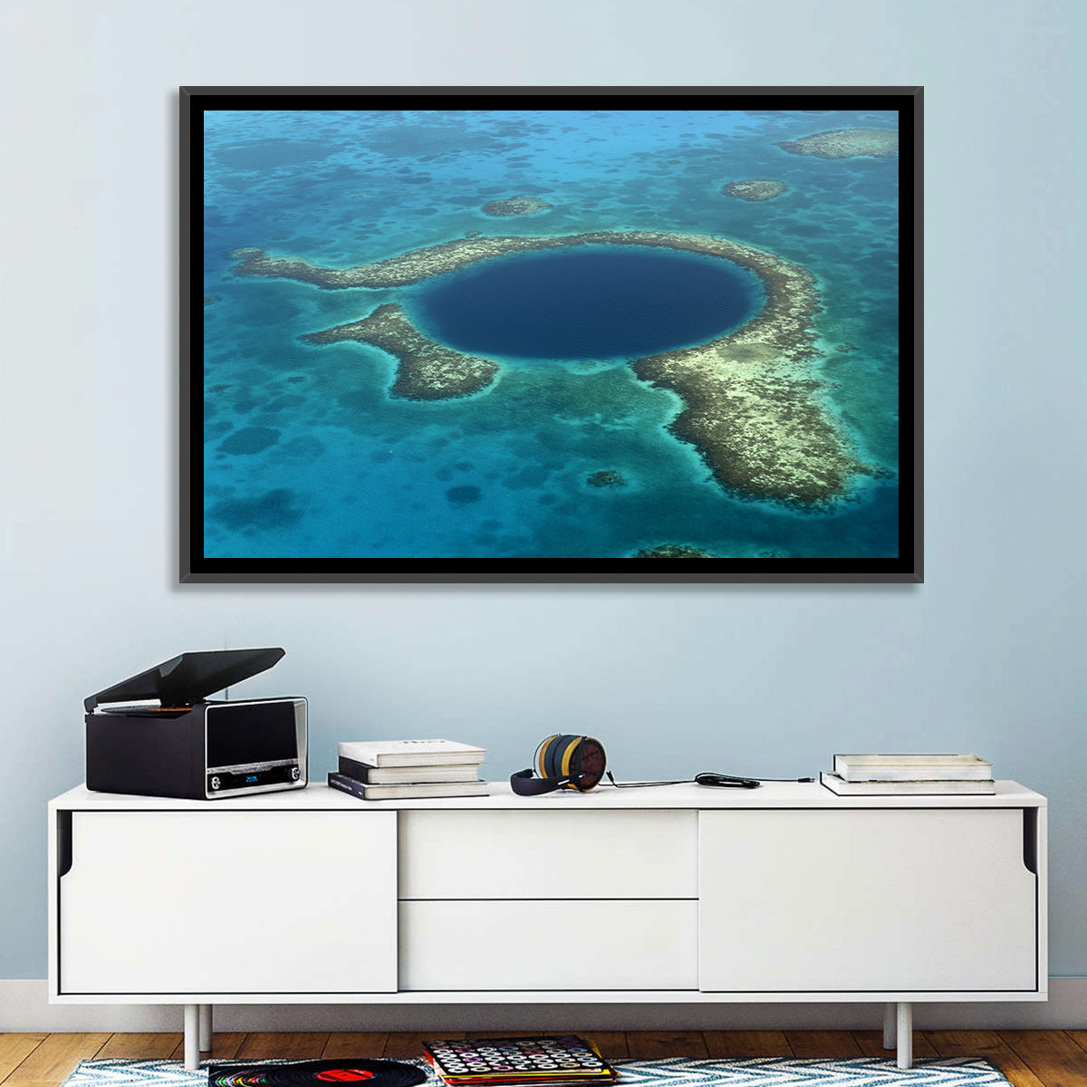 Great Blue Hole Aerial View Belize Wall Art in a room, landscape
