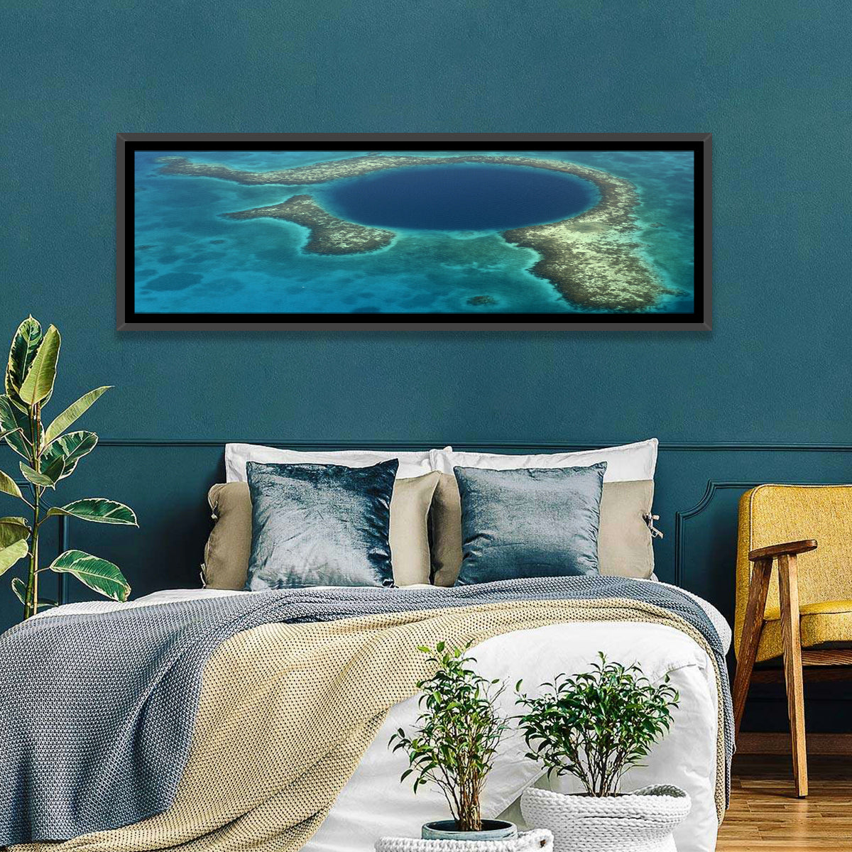 Great Blue Hole Aerial View Belize Wall Art in a room, panoramic