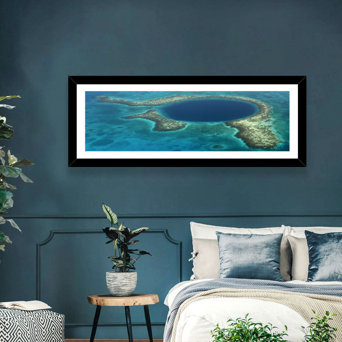 Great Blue Hole Aerial View Belize Wall Art in a room, panoramic