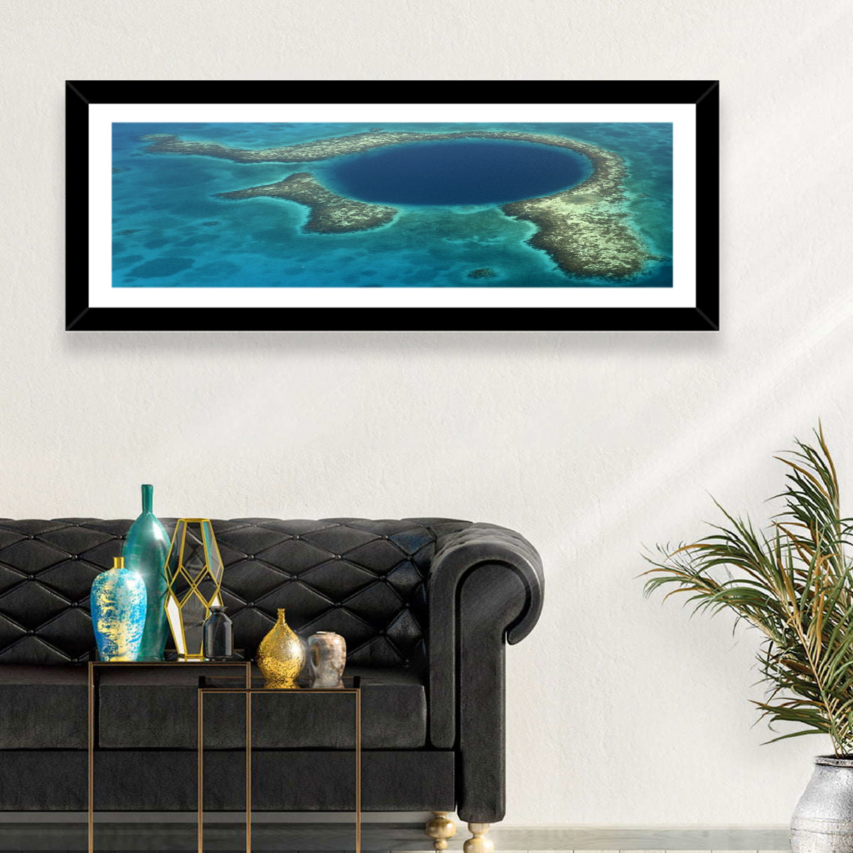 Great Blue Hole Aerial View Belize Wall Art in a room, panoramic