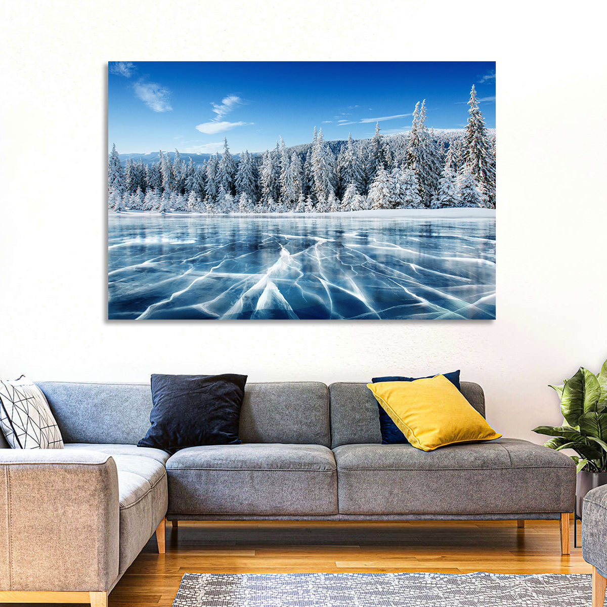 Cracked Ice Lake with Snowy Pines Wall Art in a room, landscape