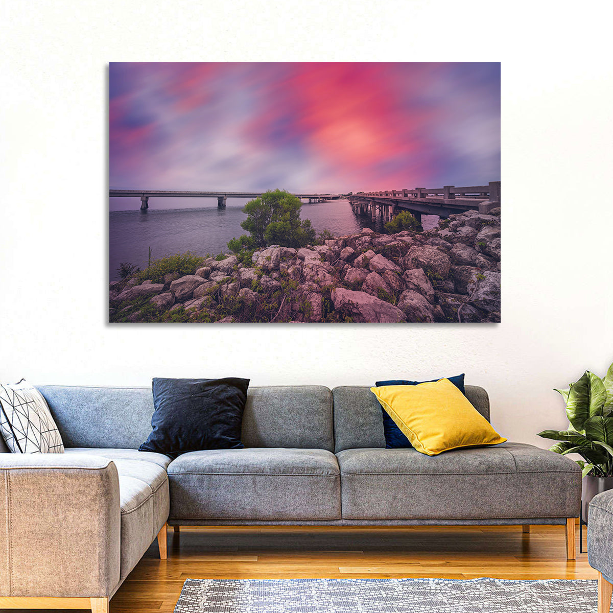Amelia Island Sunset Bridge Wall Art in a room, landscape