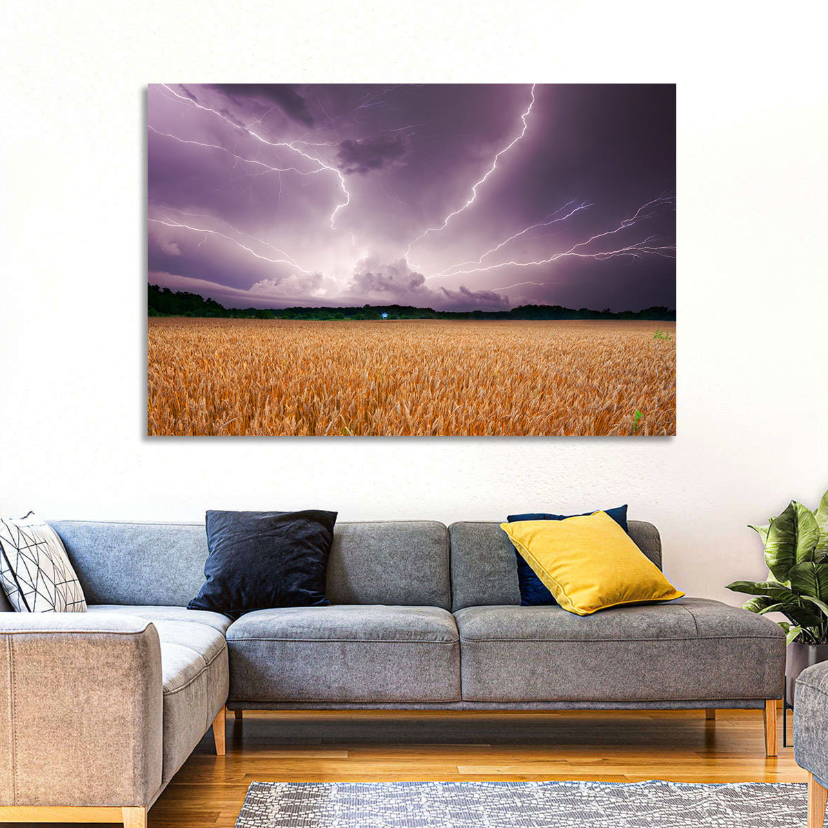Lightning Over Wheat Field Wall Art in a room, landscape