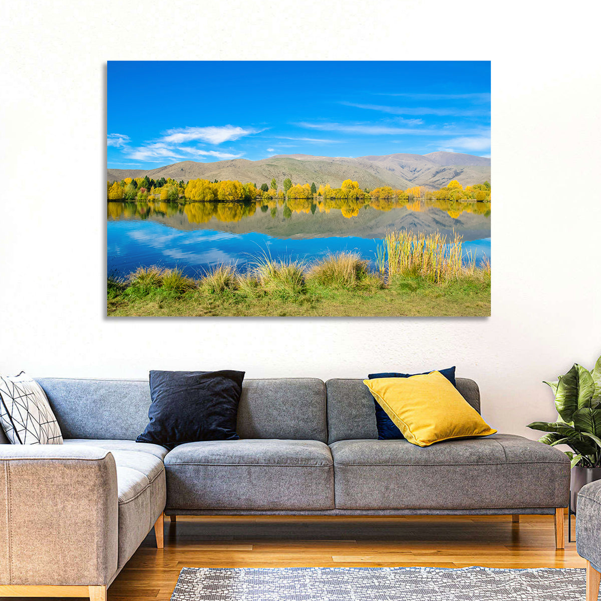 Ruataniwha Autumn Reflection Wall Art in a room, landscape