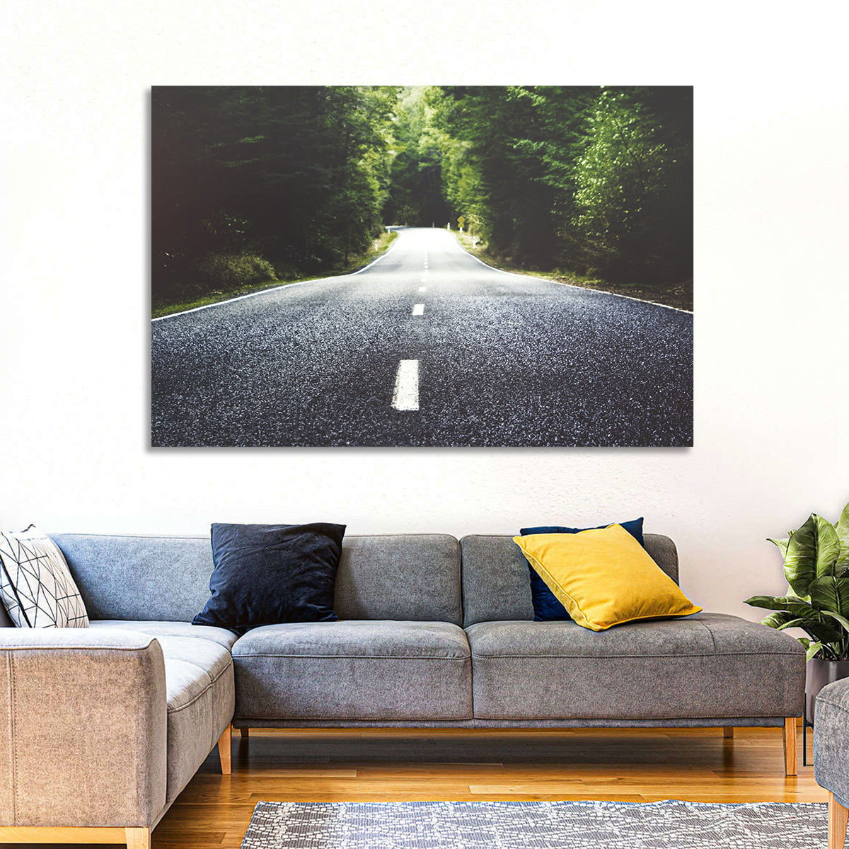 Summer Forest Road with Yellow Sign Wall Art in a room, landscape