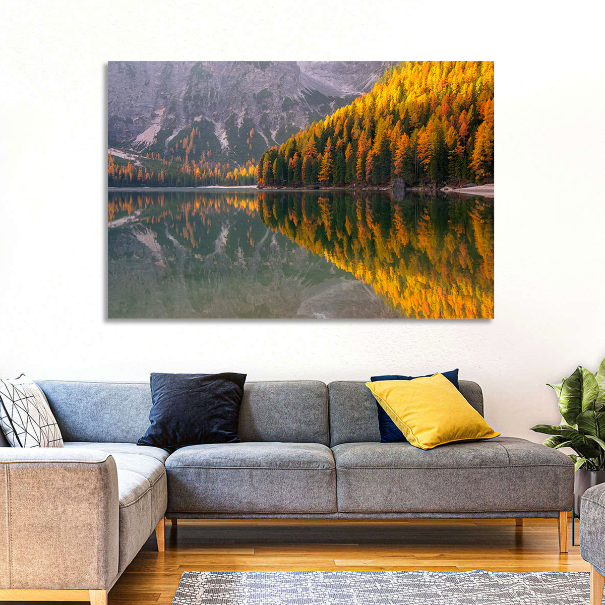 Braies Lake Golden Reflection Wall Art in a room, landscape