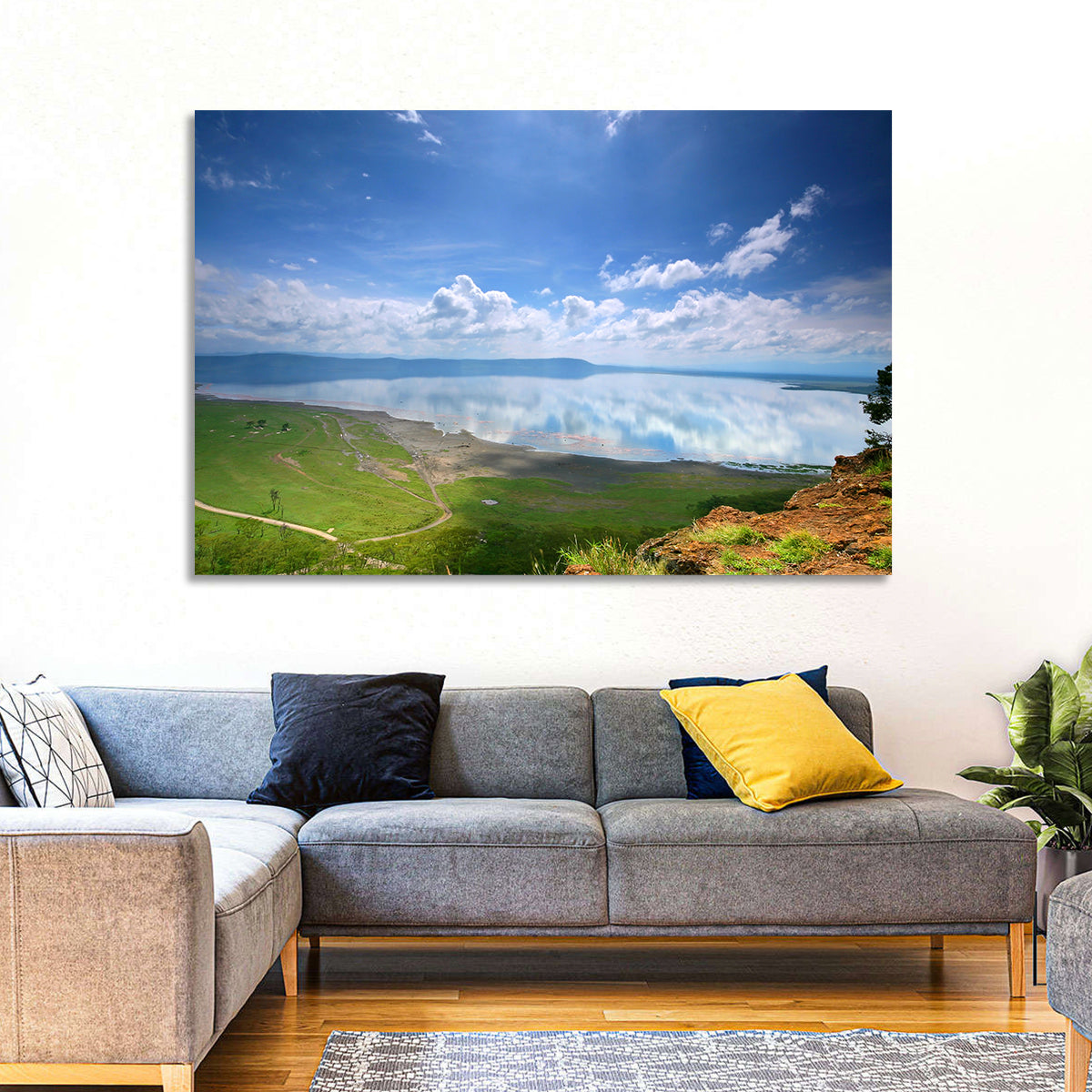 Lake Nakuru Cliffside Reflection Wall Art in a room, landscape