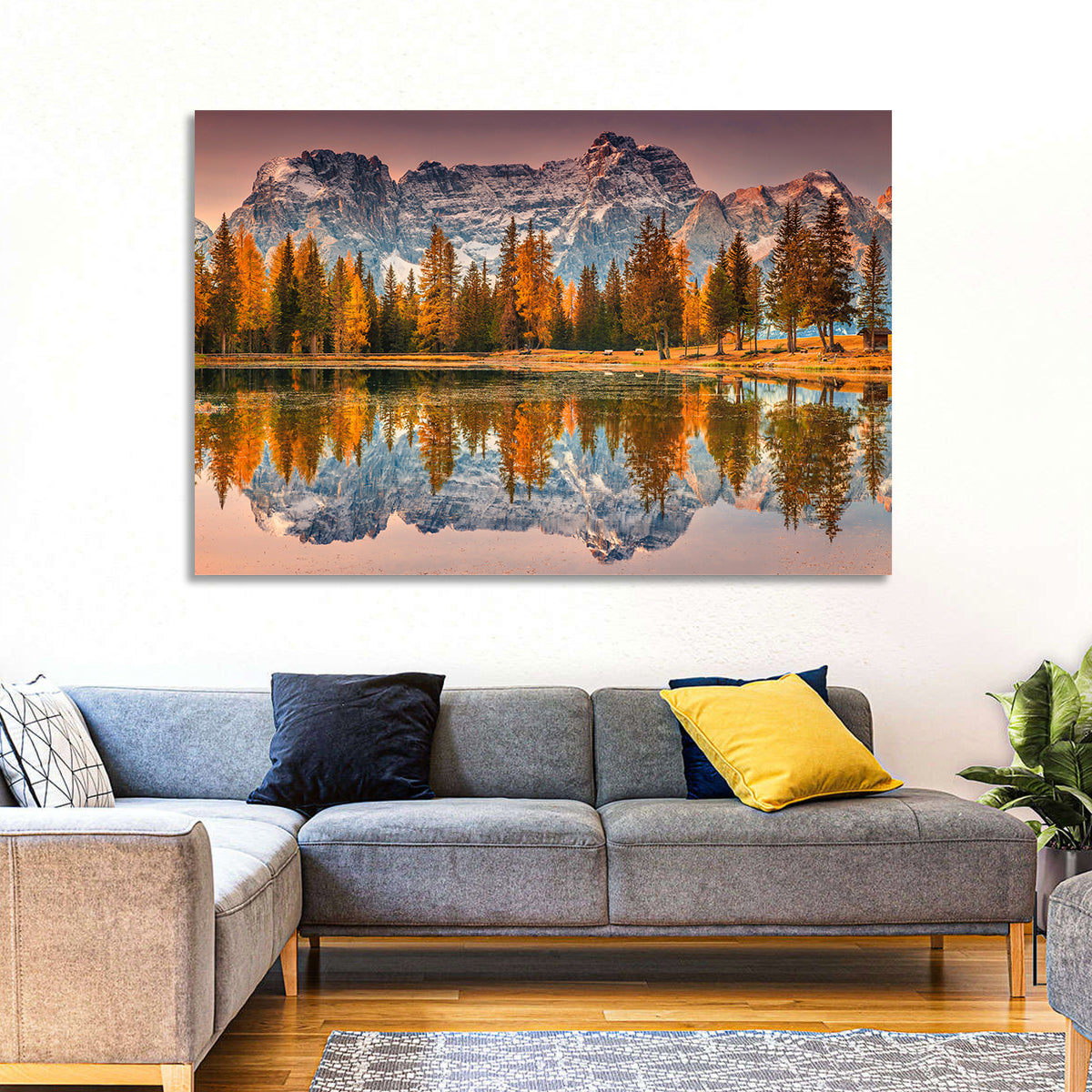 Antorno Lake Autumn Reflection Wall Art in a room, landscape