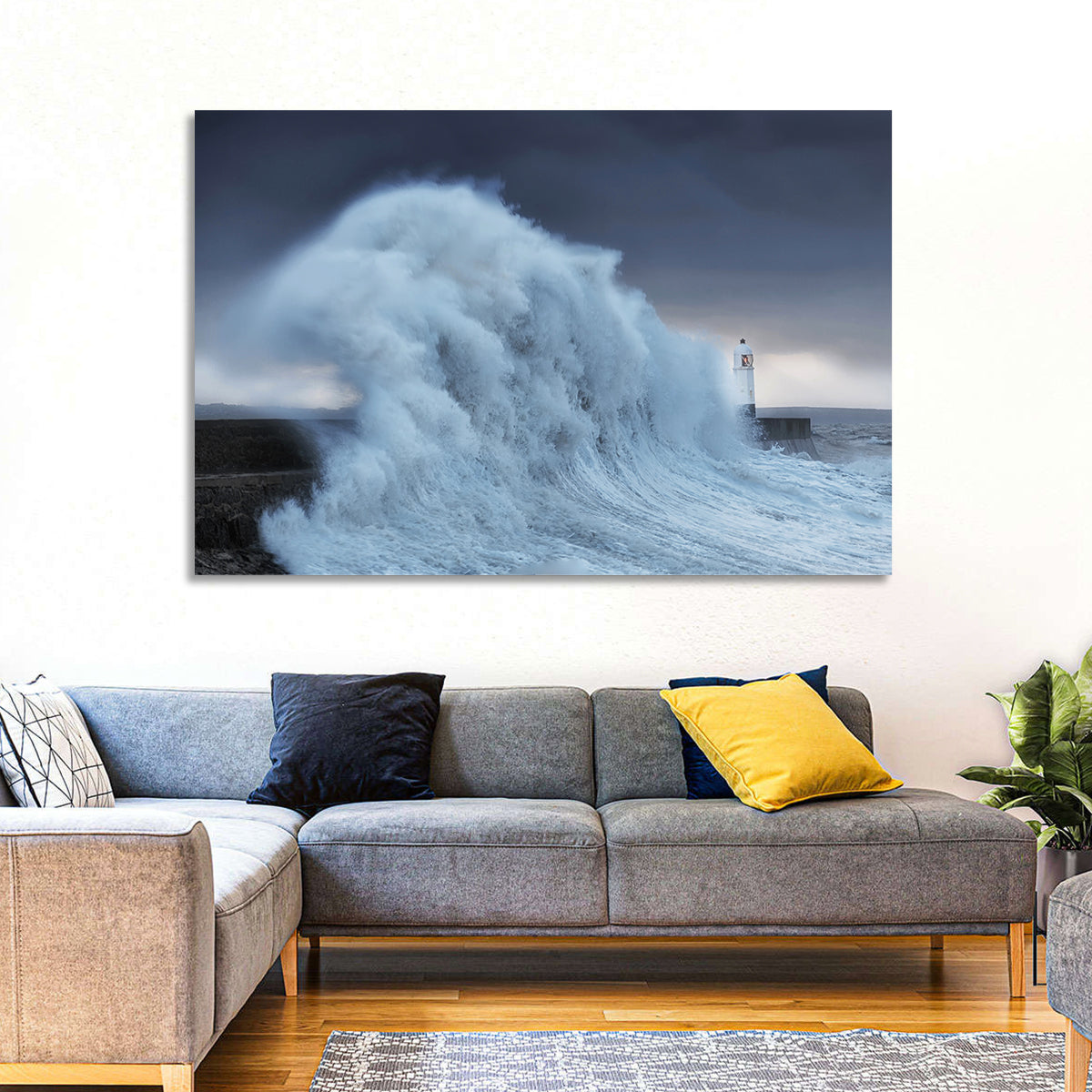Lighthouse in a Sea Storm Wall Art in a room, landscape