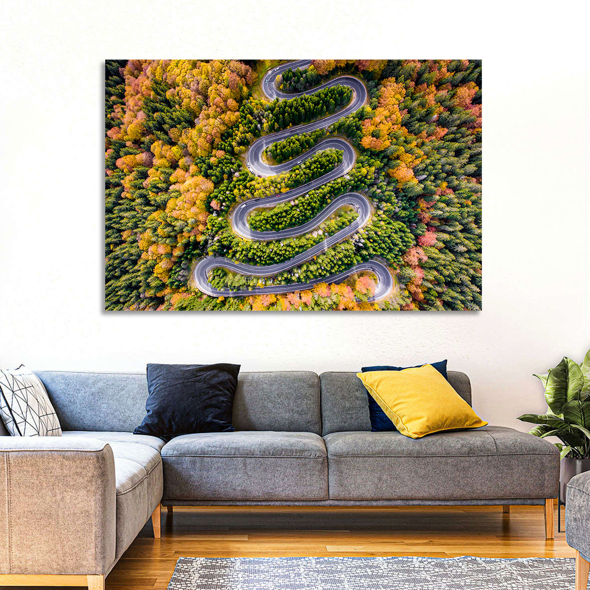 Autumn Winding Forest Road Wall Art in a room, landscape