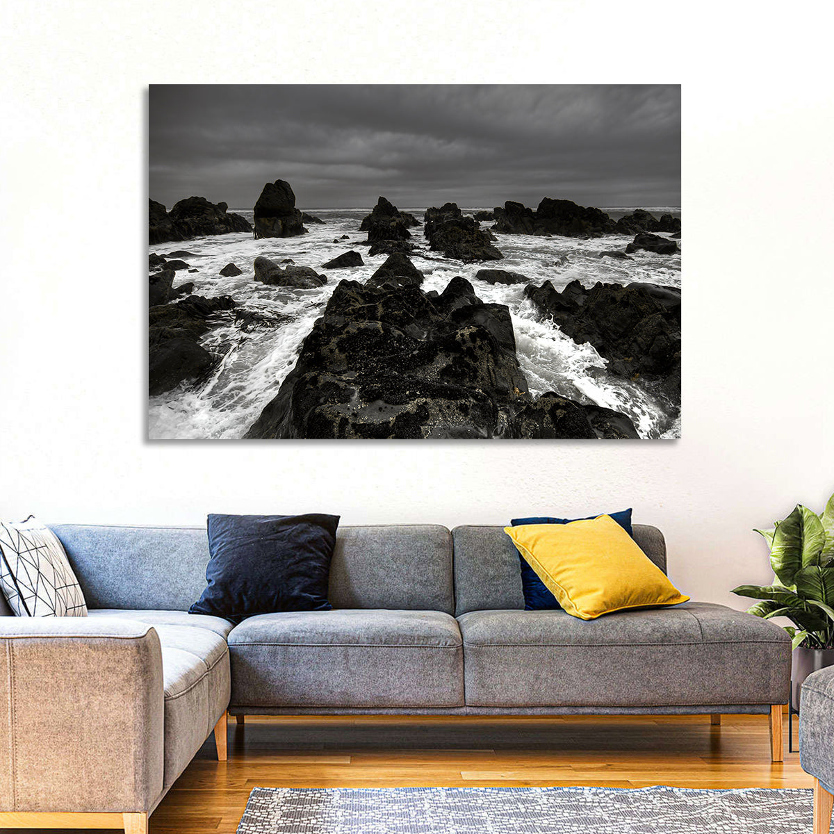 Moody Black and White Rocky Coast Waves Wall Art
