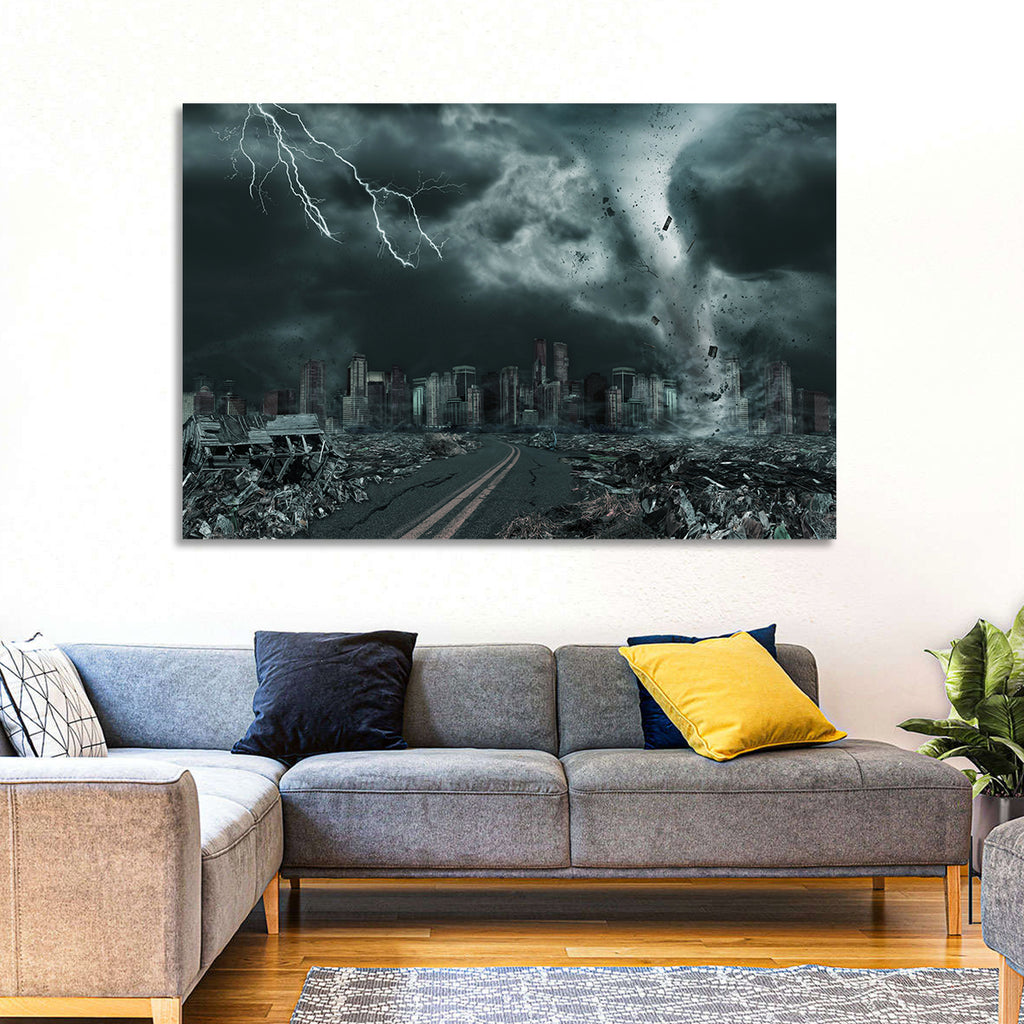 Tornado Over Destroyed City Skyline Wall Art