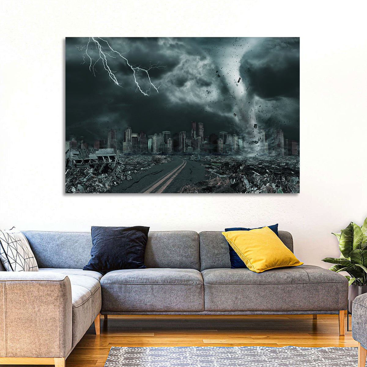 Tornado Over Destroyed City Skyline Wall Art in a room, landscape