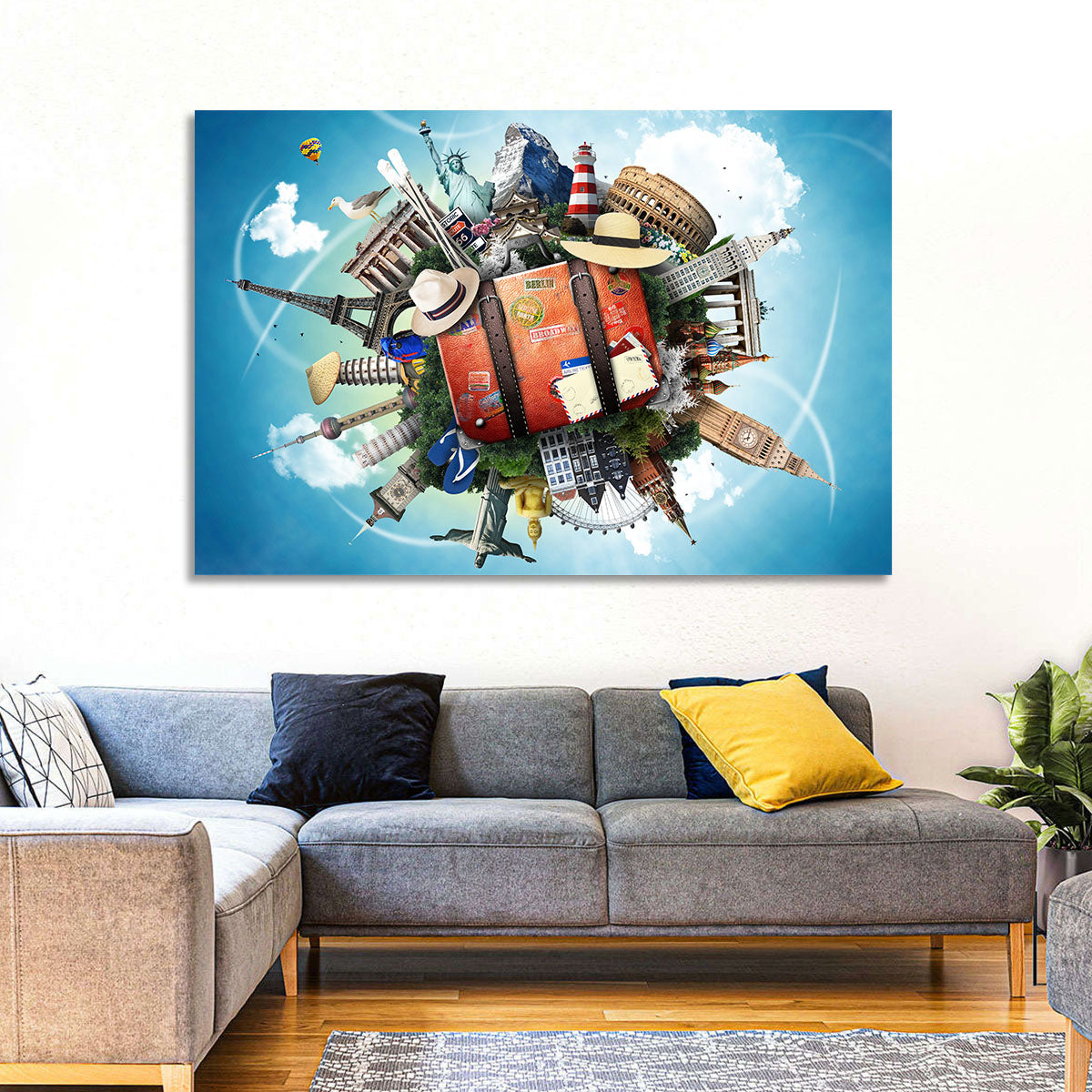 Suitcase and World Landmarks Montage Wall Art in a room, landscape