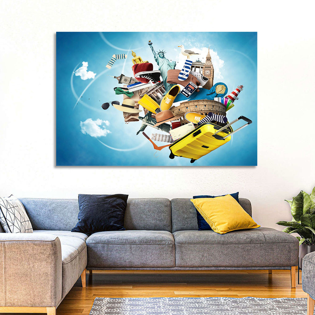 Floating Landmarks with Yellow Suitcase Wall Art