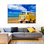 Yellow Vintage Van on Beach Wall Art