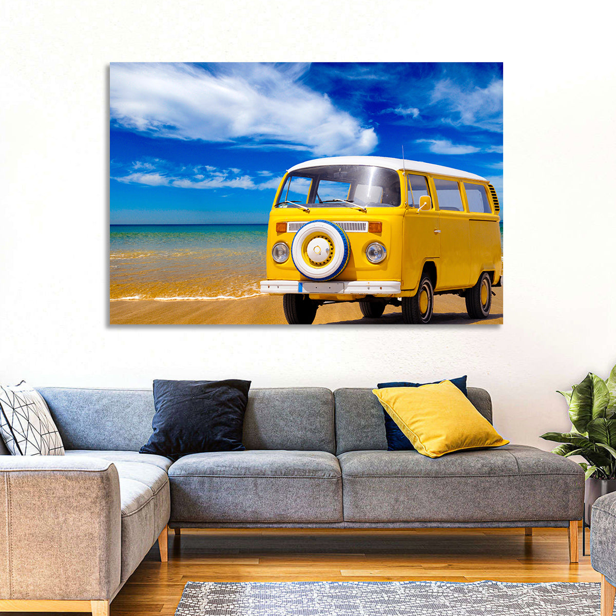 Yellow Vintage Van on Beach Wall Art