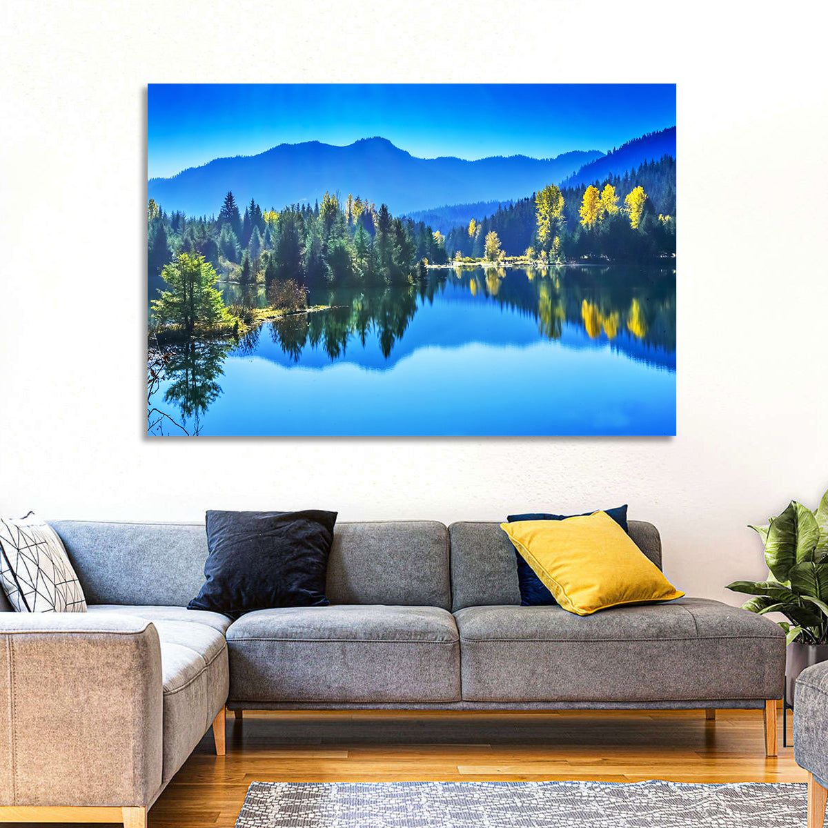 Gold Lake Reflection Wall Art in a room, landscape
