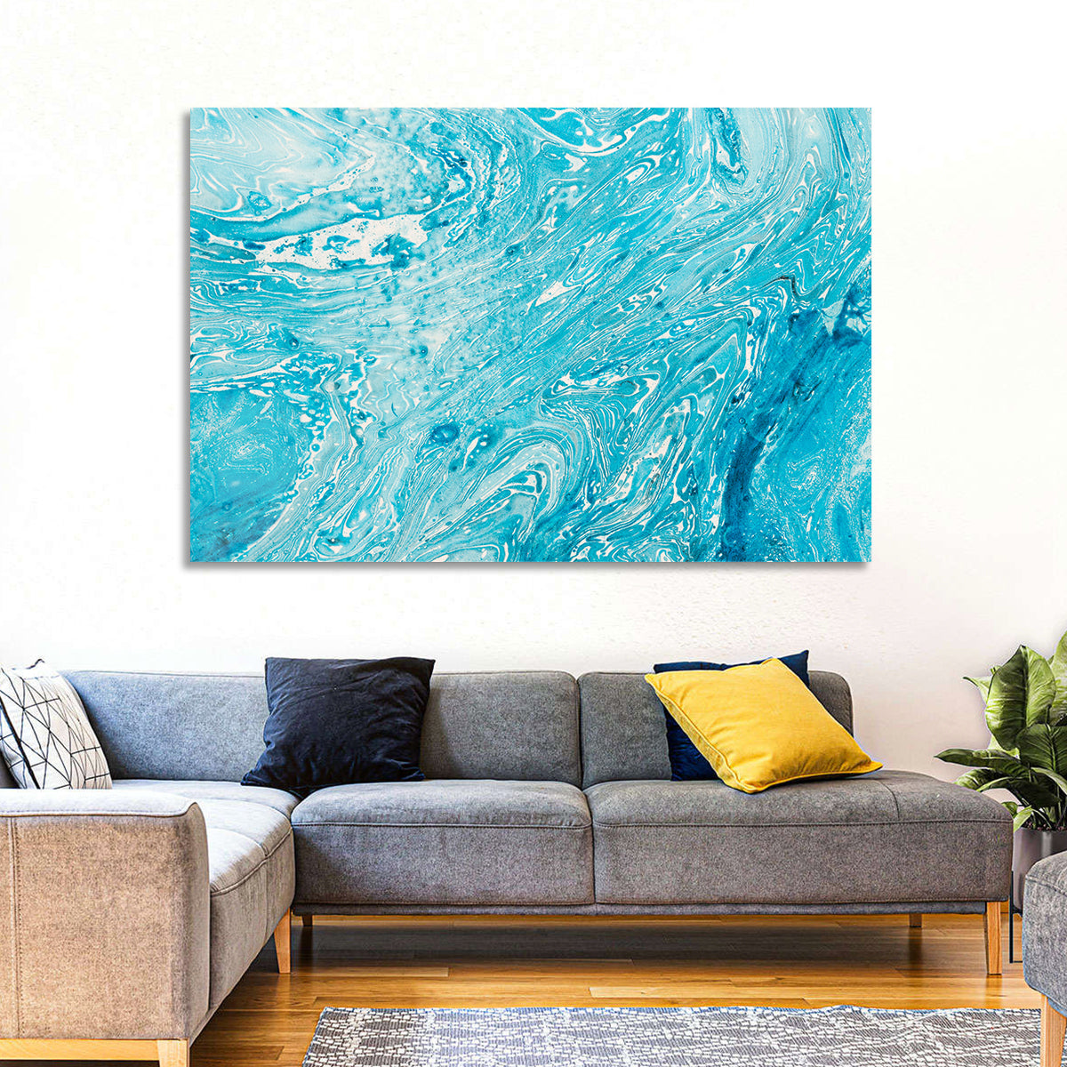 Cerulean Marbled Waves Wall Art in a room, landscape