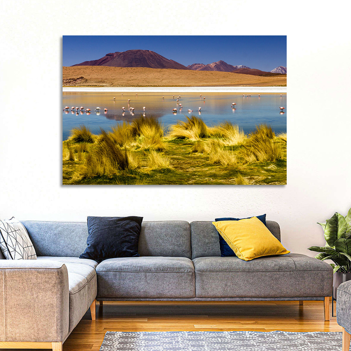Flamingos on Salt Lake Wall Art in a room, landscape