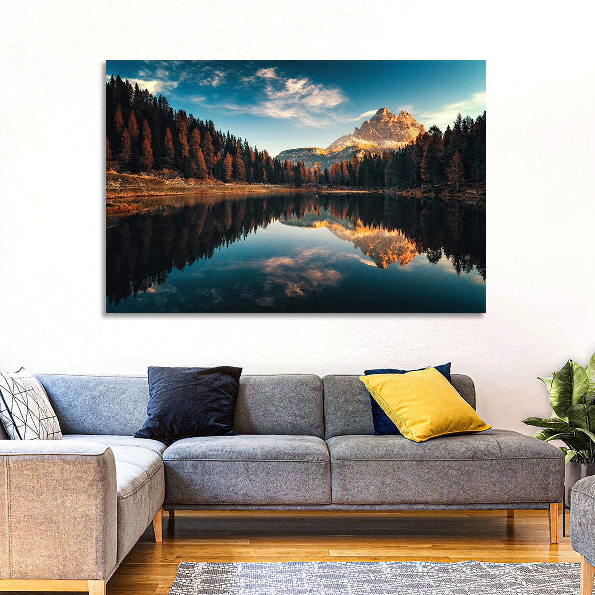 Lago Antorno Golden Hour Reflection Wall Art in a room, landscape