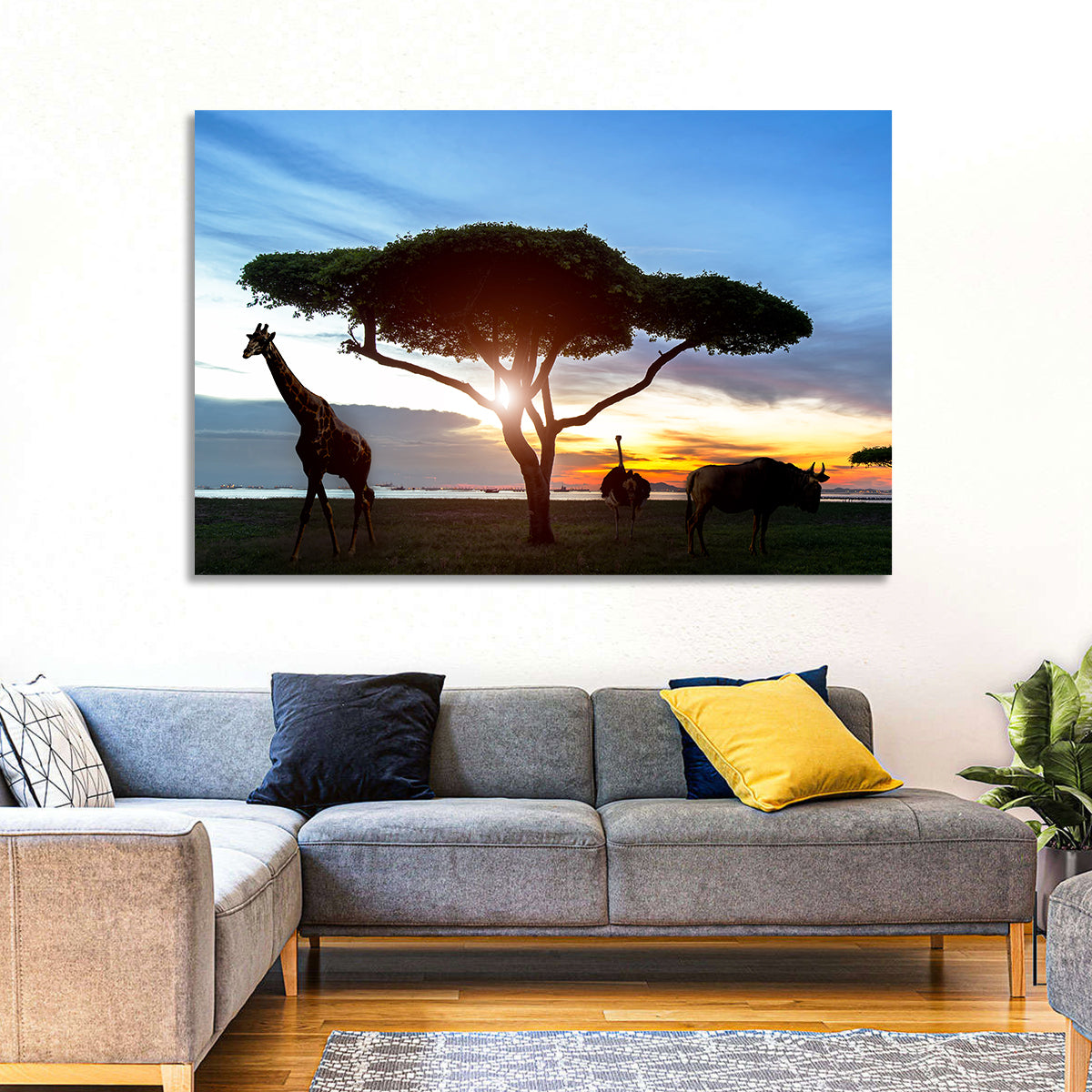 Savanna Silhouettes at Golden Hour Wall Art in a room, landscape