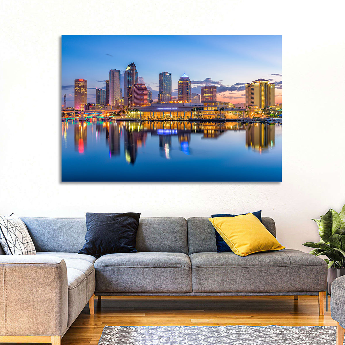 Tampa Twilight Skyline Wall Art in a room, landscape