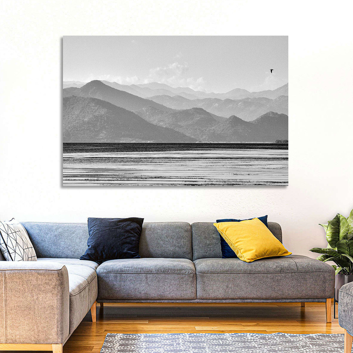 Skadar Lake Monochrome Landscape Wall Art in a room, landscape