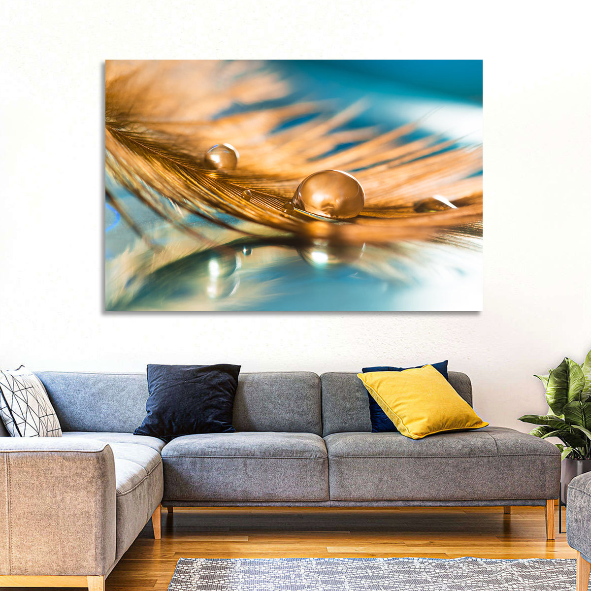 Golden Feather with Droplets Wall Art in a room, landscape