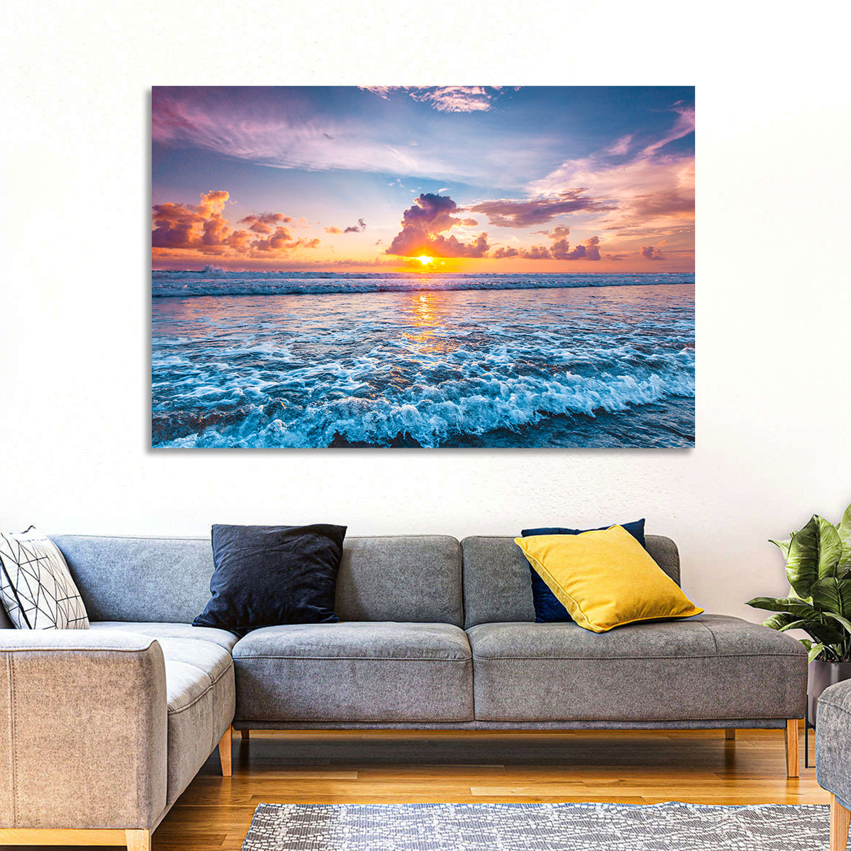 Sunburst Ocean Wave Wall Art in a room, landscape