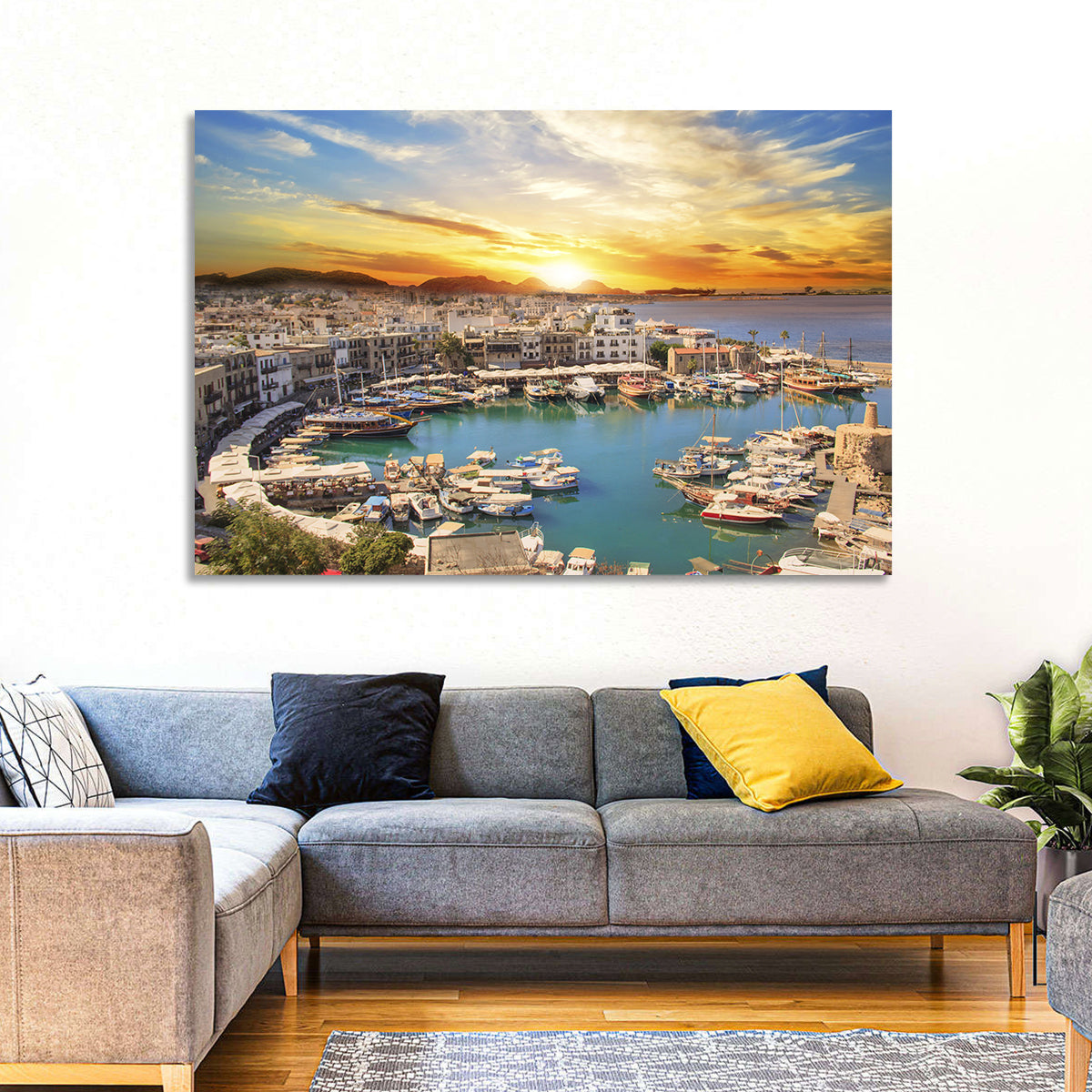Kyrenia Harbour at Sunset Wall Art in a room, landscape