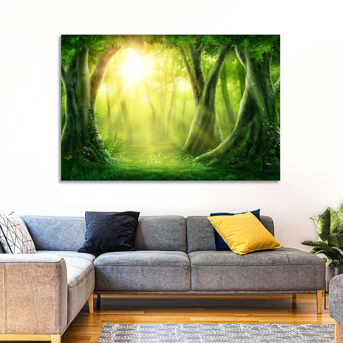 Enchanted Forest at Sunrise Wall Art in a room, landscape