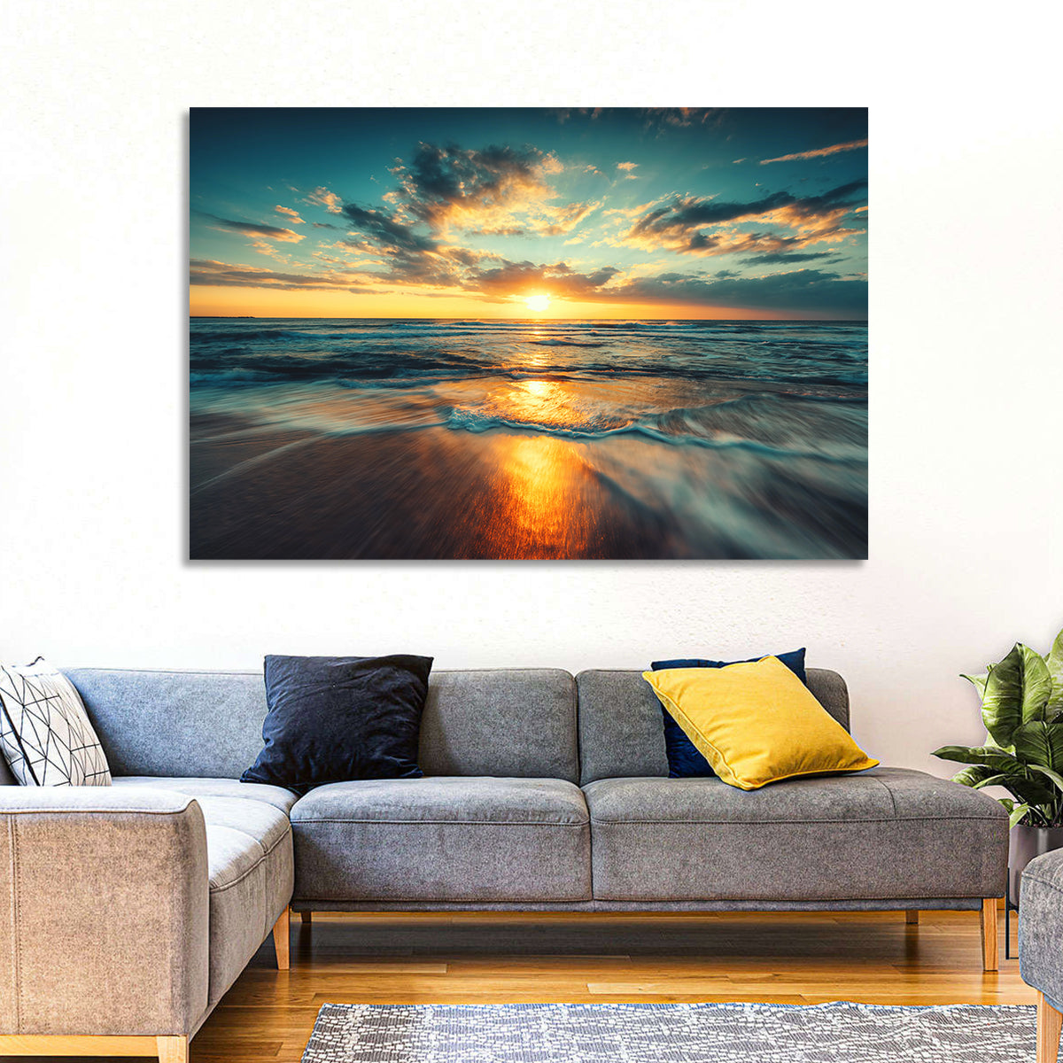 Sunlit Cloudscape Over Beach Wall Art in a room, landscape
