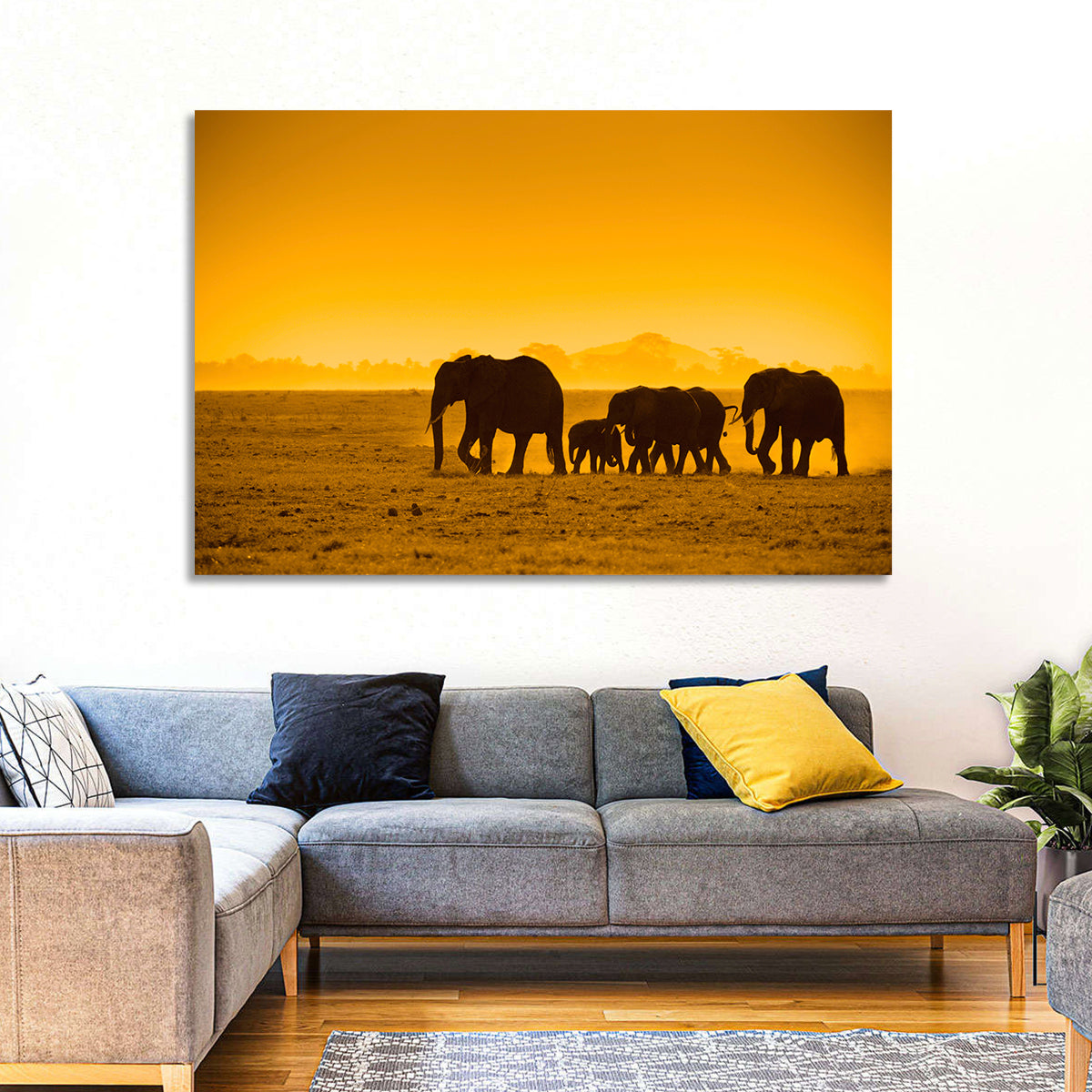 Elephant Family Silhouette Wall Art in a room, landscape
