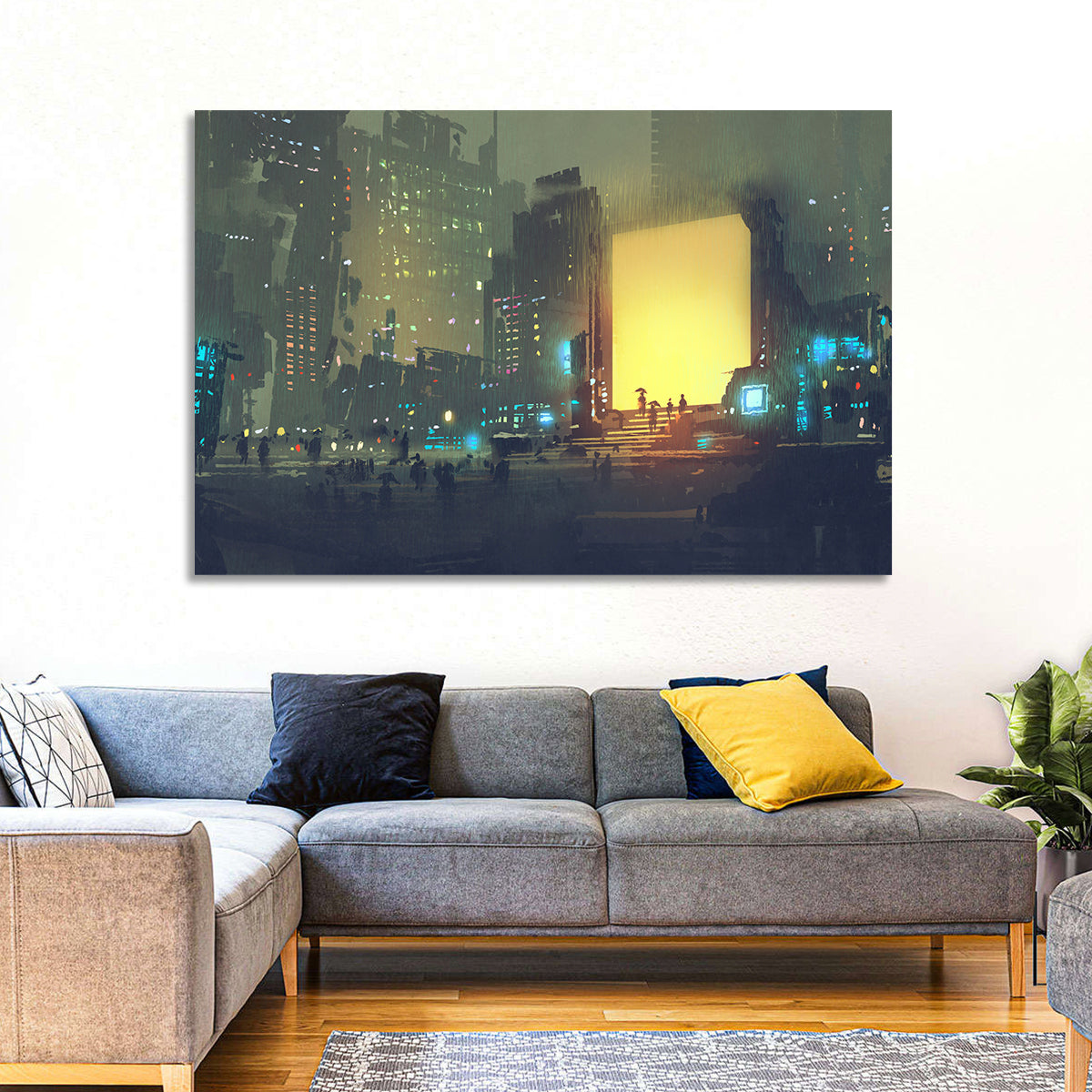 Rainy Night City with Glowing Portal Wall Art in a room, landscape