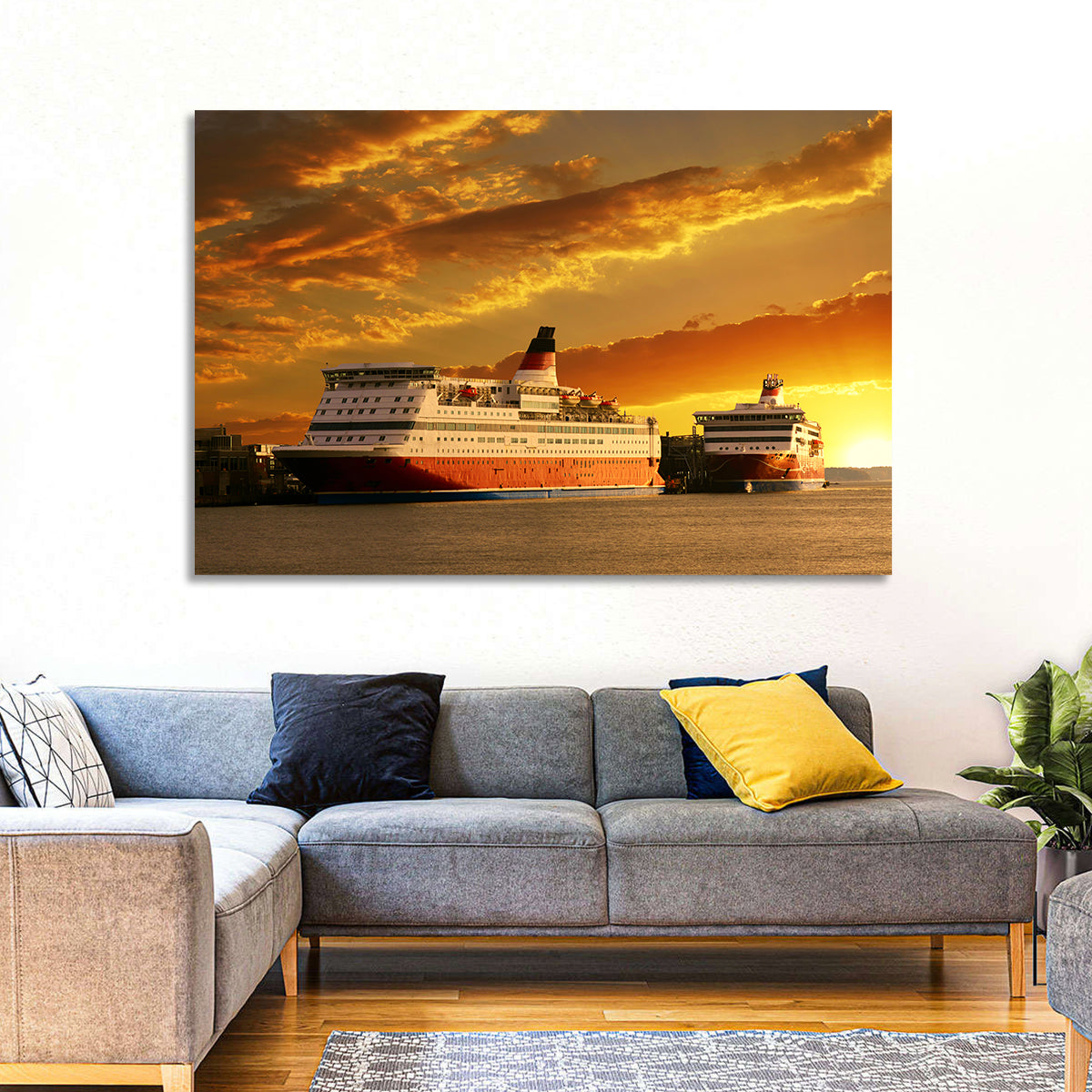 Red-hulled Cruise Ships at Dusk Wall Art in a room, landscape