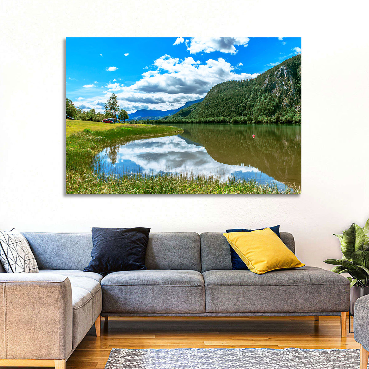 Lake Mjosa Reflection Wall Art in a room, landscape