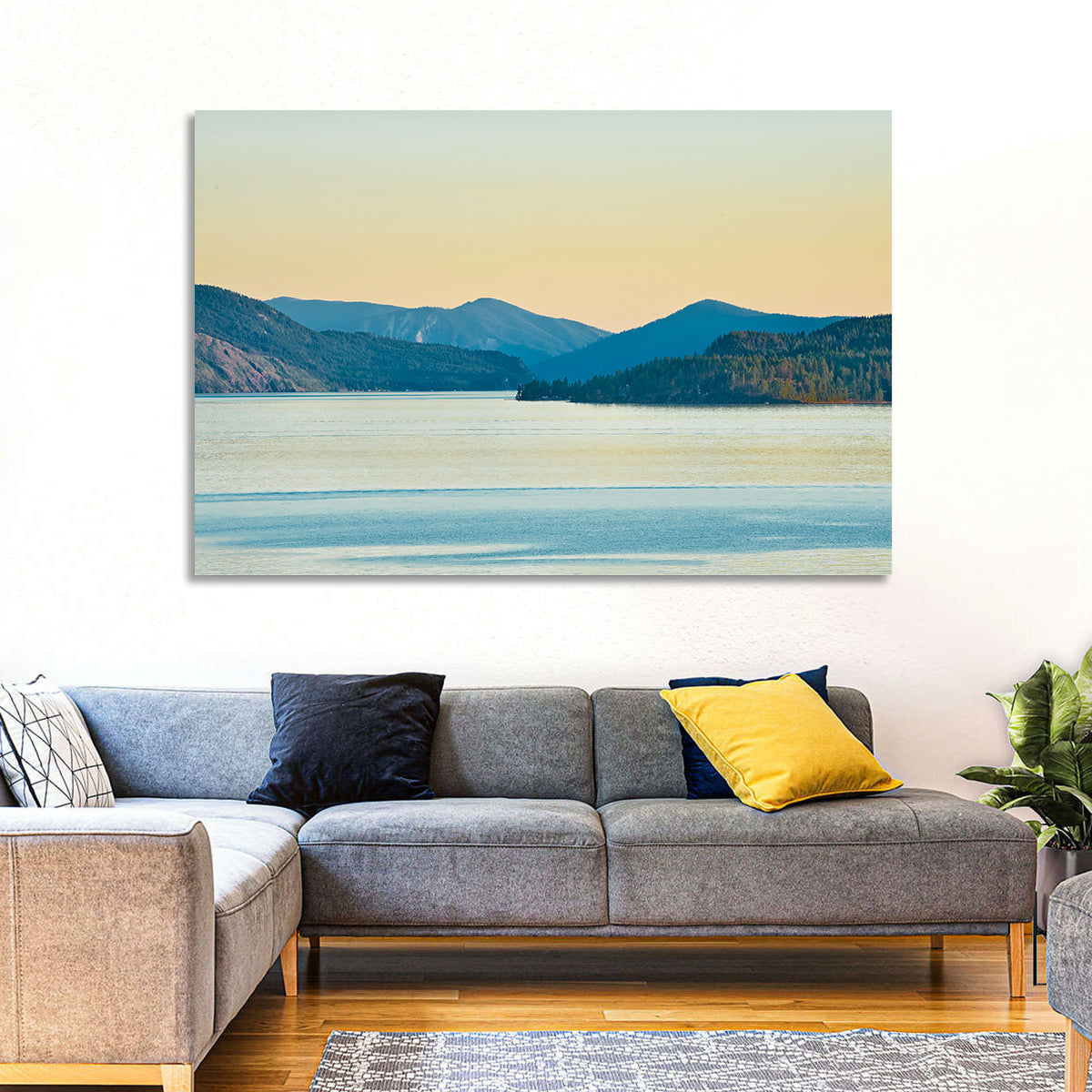 Lake Pend Oreille at Golden Hour Wall Art in a room, landscape