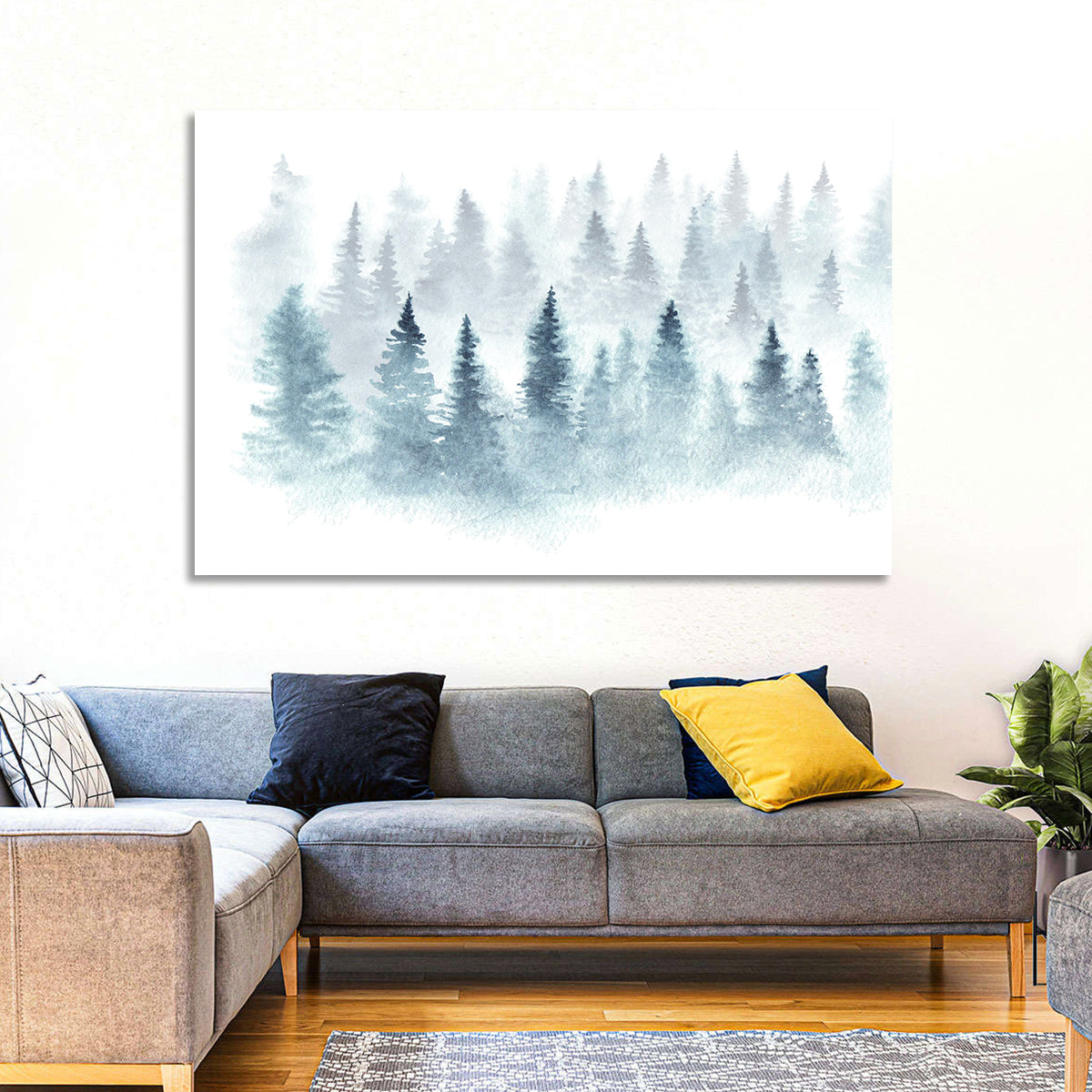 Misty Pine Forest Watercolor Wall Art in a room, landscape
