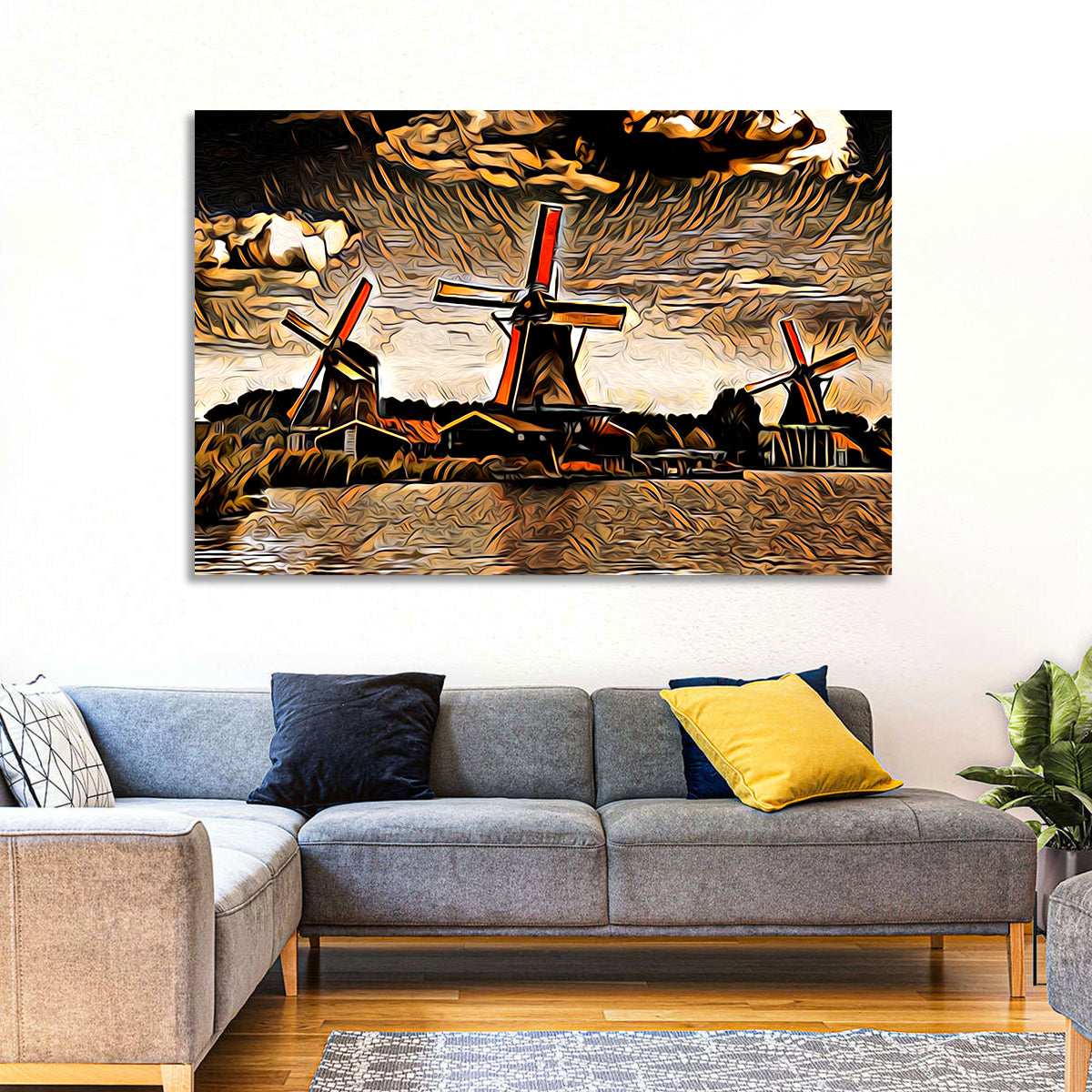 Retro Windmills at Sunset Wall Art in a room, landscape