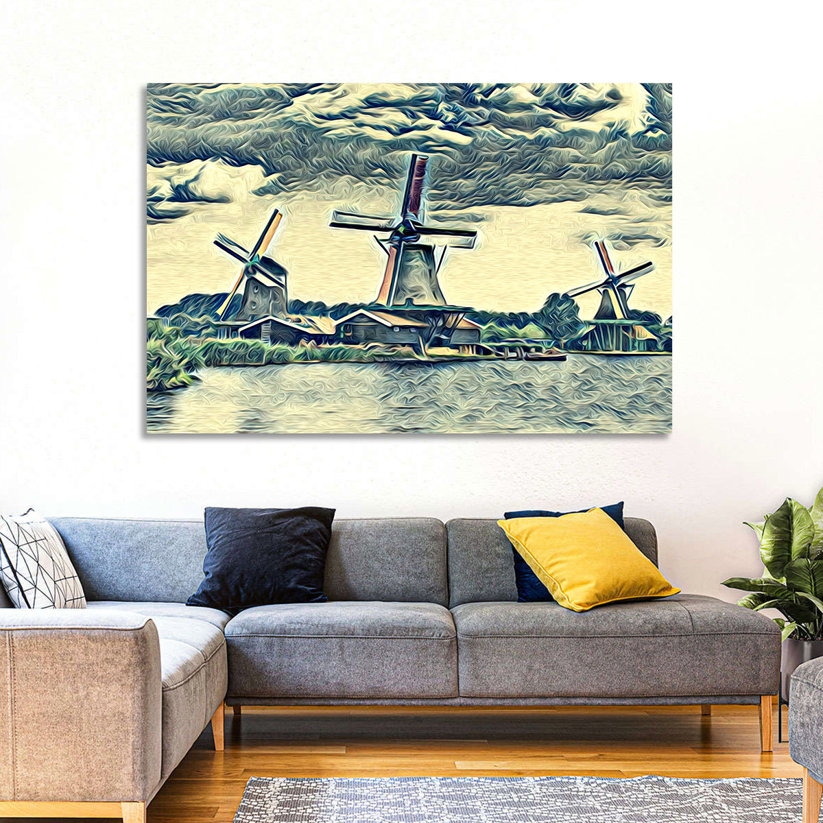 Three Vintage Windmills Wall Art in a room, landscape