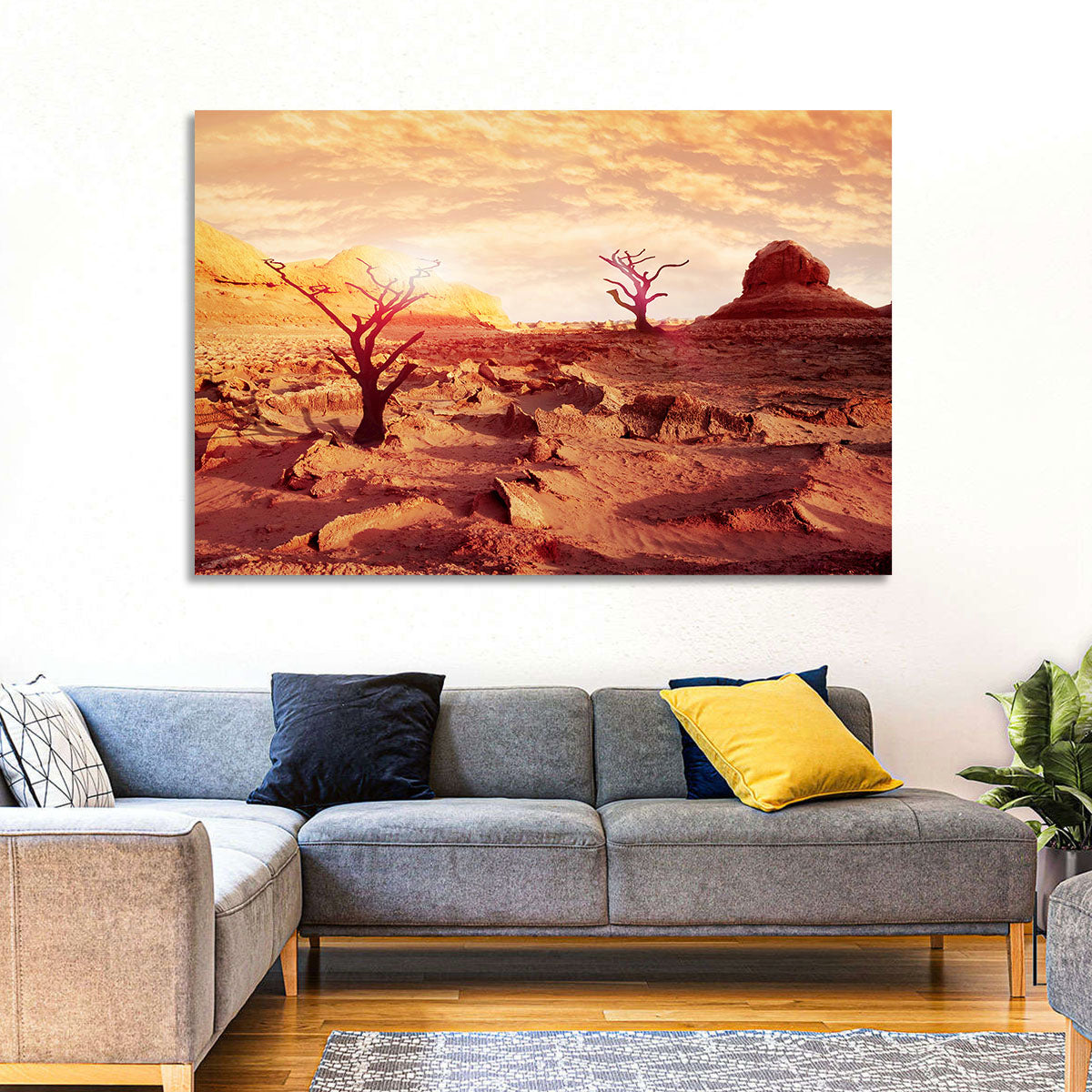 Gnarled Trees at Desert Sunset Wall Art in a room, landscape