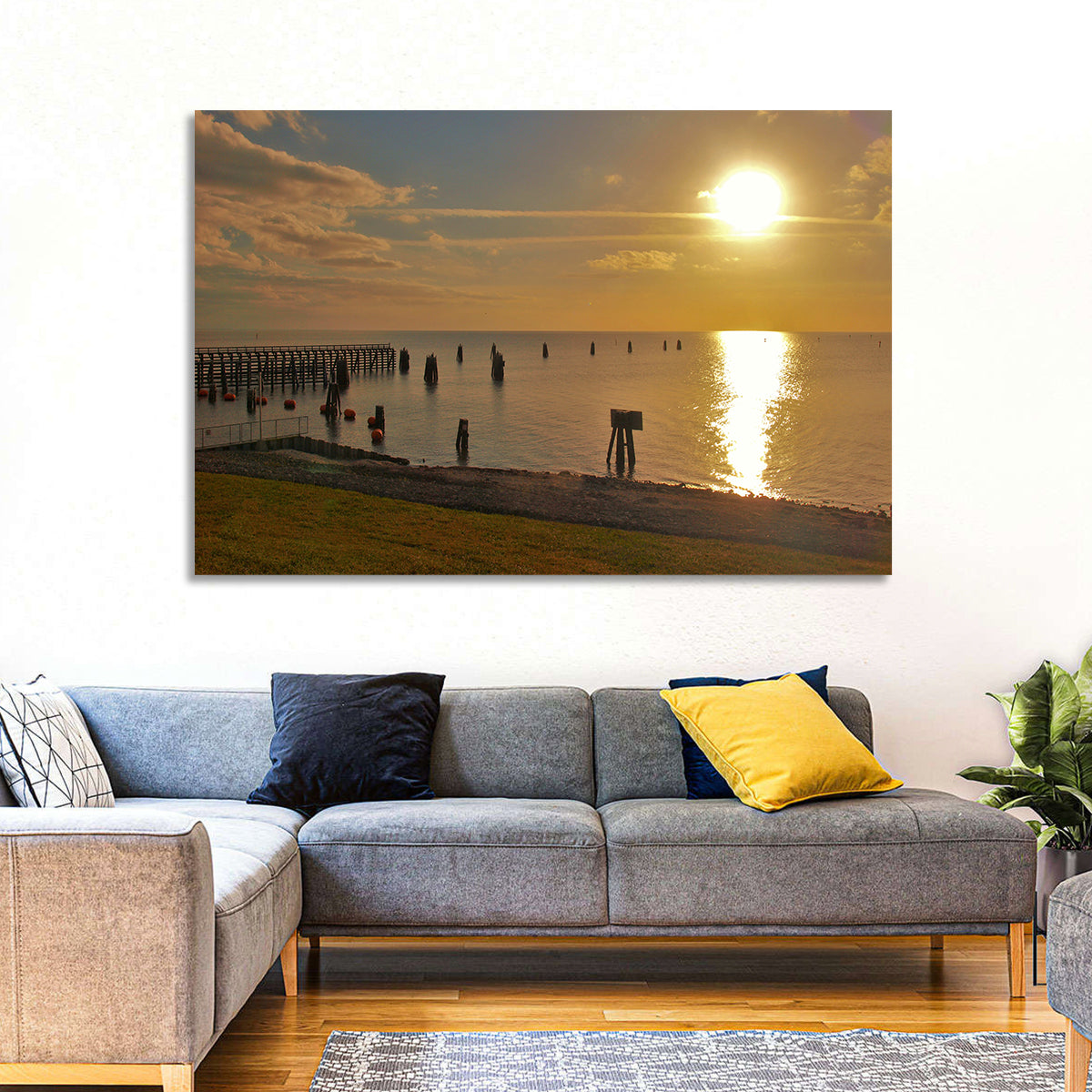 Lake Okeechobee Sunset Pier Wall Art in a room, landscape