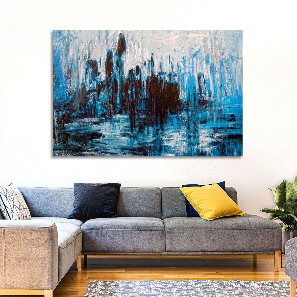 Rainy Abstract Skyline Reflection Wall Art in a room, landscape