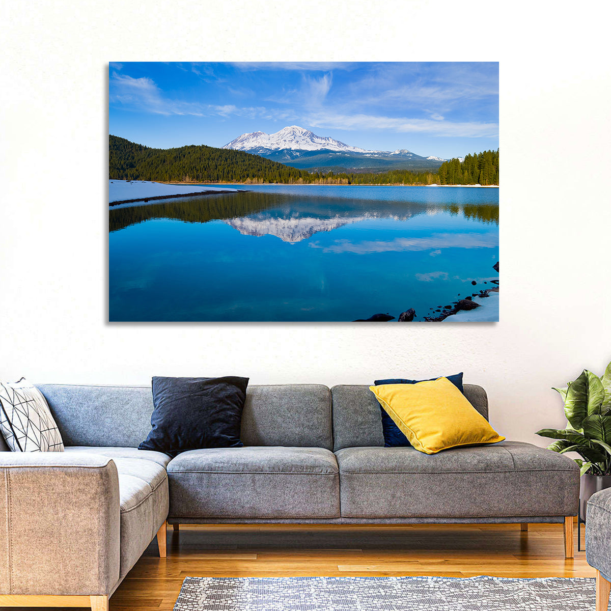 California Mountain Lake Reflection Wall Art in a room, landscape
