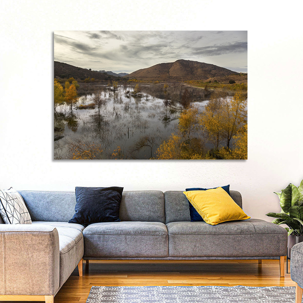 Lake Hodges Autumn Reflection Wall Art in a room, landscape