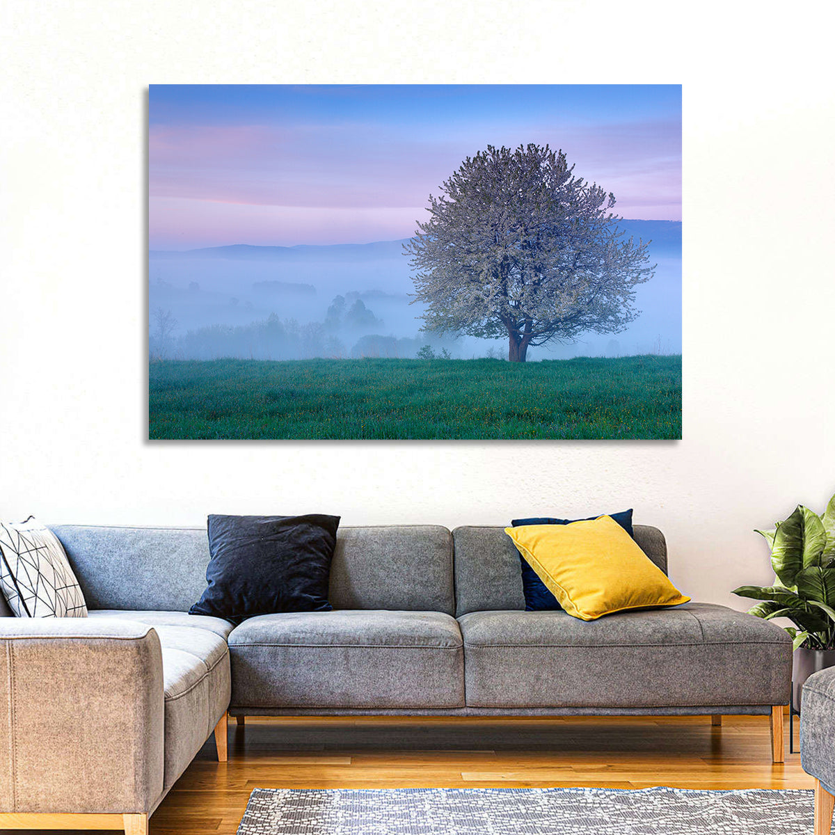 Misty Sumava Mountain Tree Wall Art in a room, landscape