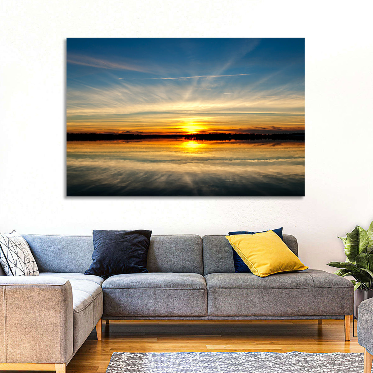 Oklahoma Lake Sunset Reflection Wall Art in a room, landscape